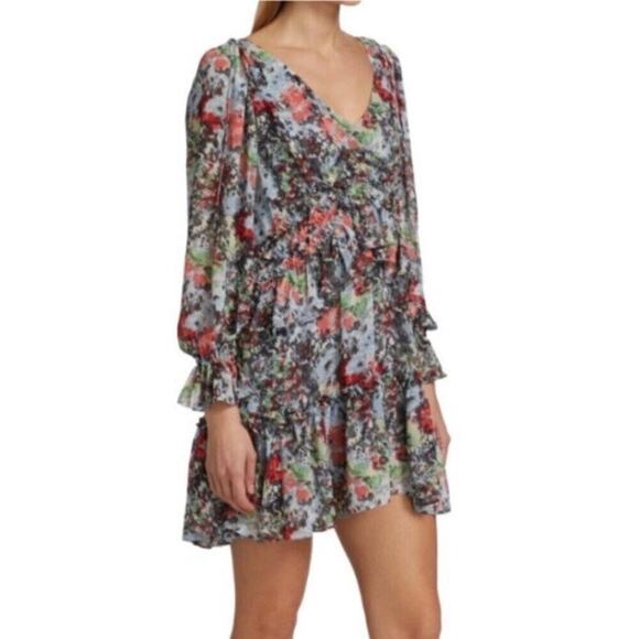 Cinq a Sept Blue Abstract Floral Lewis Tiered Mini Dress Sz.6 - Picture 2 of 15